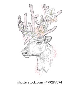 Beautiful deer in a flower wreath. Vector illustration for a card or poster. Print on clothes. Fashion & Style. Wild animal.