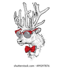 Beautiful deer with glasses and tie. Vector illustration for a card or poster. Print on clothes. Fashion & Style. Wild animal.