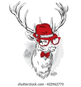 Beautiful deer in a hat, sunglasses and a tie. Vector illustration for a card or poster. Print on clothes and accessories.