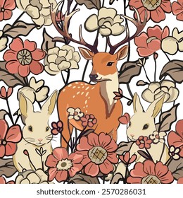 Beautiful deer and rabbit in flower forest seamless pattern
