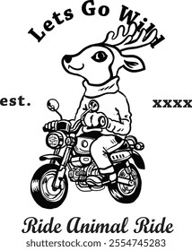 a beautiful deer riding a small motor cycle in black and white line art hand drawn illustration