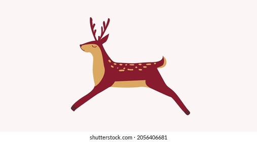 A beautiful deer is running. Vector flat illustration of an animal. Happy Christmas and Happy New Year