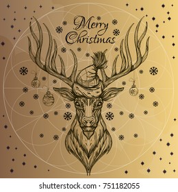Beautiful deer in a Santa Claus hat with Christmas balls. Outline vector illustration for greeting cards, posters and other items.