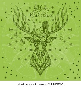 Beautiful deer in a Santa Claus hat with Christmas balls. Outline vector illustration for greeting cards, posters and other items.