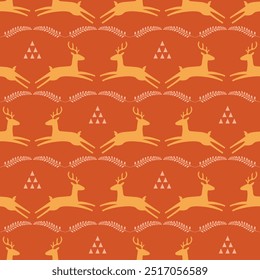 Beautiful deer seamless pattern.Scandinavian woodland folk design.Geometric ornament, plant, leave. Abstract repeated background with wild animals illustration modern, decoration,wallpaper,print deco