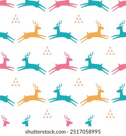 Beautiful deer seamless pattern.Scandinavian woodland folk graphic design.Geometric ornament,Abstract repeated background with wild animals colorful modern nature decoration for wallpaper,print deco,