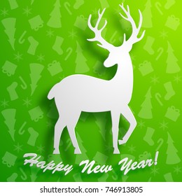 Beautiful deer silhouette on green new year background with winter symbols pattern flat vector illustration