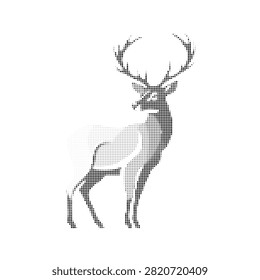 Beautiful deer standing in profile view vector illustration. Artistic dot halftone texture filling silhouette of forest buck animal in elegant stance pose.