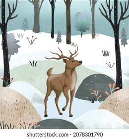 Beautiful deer in winter forest cartoon
