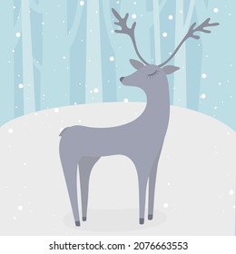 Beautiful deer in winter forest. Christmas illustration.Winter cold snow season.For poster, greeting card, invitation, print, illustration, banner. Simple vector illustration. Pre-made template.