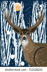  Beautiful deer in the winter forest - night - moon - art creative vector illustration