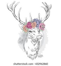 Beautiful deer in a wreath of flowers. Vector illustration for a card or poster. Print on clothes and accessories.