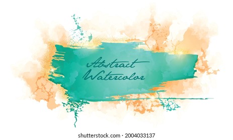 Beautiful delicate abstract grunge background. Watercolor and a peach colored ink stain spreads over the watercolor paper. Turquoise paint smear. Trending creative art background.