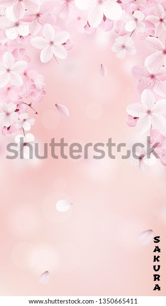 明るいピンクの桜の花が咲く美しい背景にテキスト用のスペース 繊細な花柄 垂直方向のリアルなベクターイラスト のベクター画像素材 ロイヤリティフリー