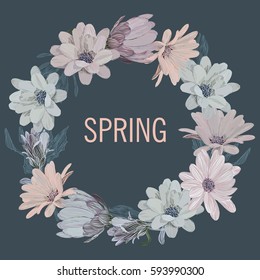 Beautiful, delicate, bright, juicy illustration with wreath of daisies summer flowers.