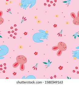 beautiful delicate children's pattern for little girls on a delicate pink background with an oboe rabbit, a bunny and different cute flowers