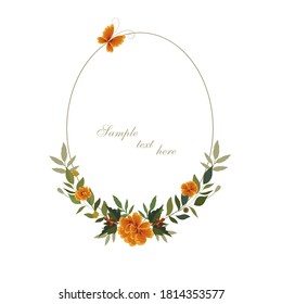 Beautiful delicate composition with marigolds and an oval frame on a white background