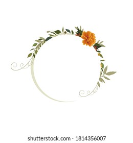 Beautiful delicate composition with marigolds and a white frame on a white background