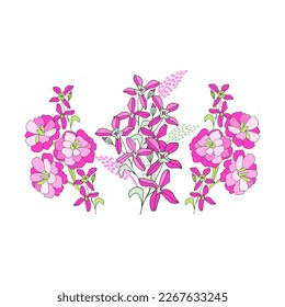 Flores hermosas y delicadas. Diseño para invitaciones y tarjetas de felicitación. Borde dibujado a mano con flores rosas sobre fondo blanco.