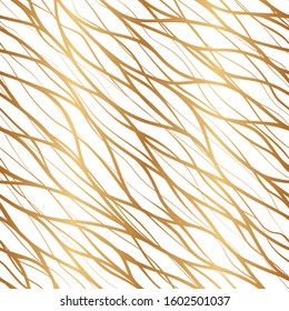 Beautiful delicate golden background. Elegant gold seamless pattern. Gold texture wavy twist. Repeating line wave. Golden design for interior, fabric, wallpaper, wrapping paper, gift wrapper, prints