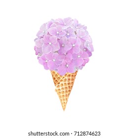 Beautiful delicate Hydrangea in waffle cone ice cream, vector floral illustration in vintage style.