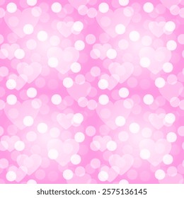 Beautiful delicate light pink seamless pattern, background with hearts and sparkles. Vector illustration, print