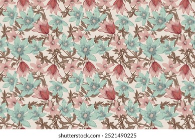 Beautiful, delicate, and modern bouquet pattern. Millefleurs. Liberty fashion. seamless floral background for scrapbooking, cotton fabric, textiles, covers, printing, wallpaper, and gift wrapping.