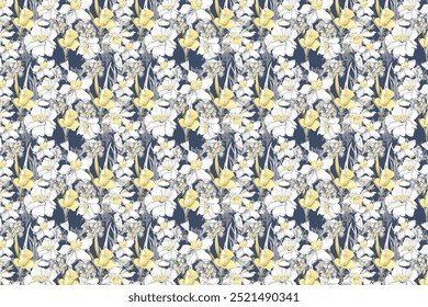 Schönes, zartes und modernes Bouquet-Muster. Millefleurs. Freiheitsmode. nahtloser floraler Hintergrund für Scrapbooking, Baumwollgewebe, Textilien, Abdeckungen, Druck, Tapete und Geschenkverpackung.