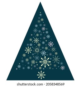 beautiful delicate multicolored christmas tree made of hand drawn pastel colors snowflakes on dark triangle background