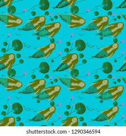 beautiful delicate ornament with mermaids floating among sea plants and fish, seamless vector pattern on a blue background, a pattern for textiles