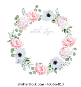 Beautiful delicate peony, anemone, rose, brunia flowers and eucalyptus leaves round vector frame. All elements are isolated and editable.
