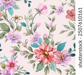 Beautiful delicate pink and purple flowers, hand drawn, seamless, on a light background. Designed for fabric, fashion, textiles, wallpaper, gift wrap.