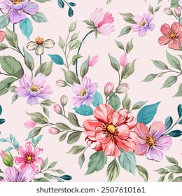 Beautiful delicate pink and purple flowers, hand drawn, seamless, on a light background. Designed for fabric, fashion, textiles, wallpaper, gift wrap.