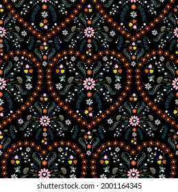 Beautiful delicate small flower with heart shape of florals, fantasy seamless pattern vector design,Design for fashion , fabric, textile, wallpaper, cover, web , wrapping and all prints on black