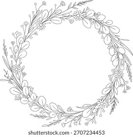 Una hermosa y delicada Ilustración vectorial de una corona floral circular, compuesta de varias hojas dibujadas a mano, follaje, flores silvestres y bayas. Representado en una línea simple, elegante en blanco y negro a