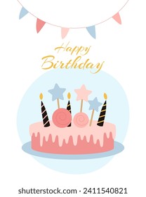A beautiful, delicious birthday cake decorated with candles. Vector illustration on a white background.