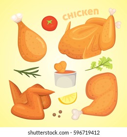 Beautiful delicious fried chicken set of illustrations in cartoon style. Fresh fast food fry meat.