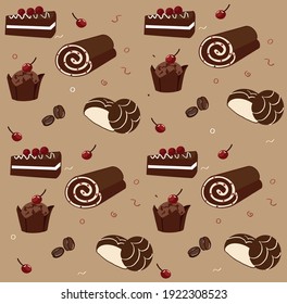 Beautiful delicious pies, cherry-flavored chocolate pastries. Vector graphics 