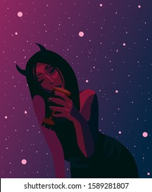 Beautiful demon girl with red devil skin holding a glass of wine. Succubus creature under the starry night sky flat illustration