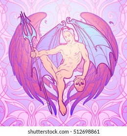 Beautiful demon sitting and holding trident and scull. Angel wings and pattern behind. Pinup and art Nouveau eclectic style. Tattoo design. Halloween concept art. Gay hint. EPS10 vector illustration