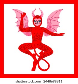 Beautiful demoness with wings and tattoos. Red Vintage devil isolated on white background. Vector illustration in flat cartoon style.