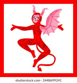 Beautiful demoness with wings and tattoos. Red Vintage devil isolated on white background. Vector illustration in flat cartoon style.