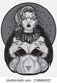 
Beautiful demonic lady with wings and black lips. Use for t-shirt design. Isolated Vector Illustration.