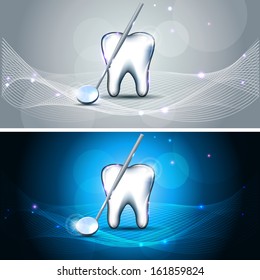 Beautiful dental designs, banners. White tooth and mirror. Bright blue and sparkling grey color banners.