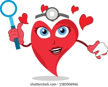beautiful dental doctor funny heart action character holding a teeth and mirror tool