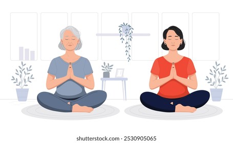 Beautiful depiction of a mother and daughter sharing a moment of meditation, seated in a calm, minimalist room with a soft rug, plant, and simple table.