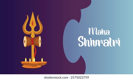 A beautiful depiction of the Shivling, symbolizing Lord Shiva, with a trident (Trishul) and glowing oil lamps on the occasion of Maha Shivaratri. The soft, purple-to-blue gradient background complemen