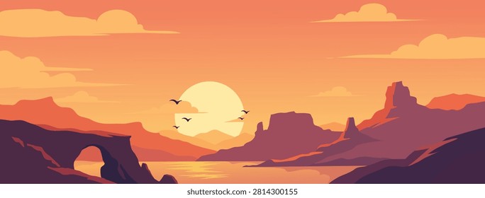 Beautiful Desert Canyon Flat Vector Landscape Banner With Natural Rock Arch And Sunset River
