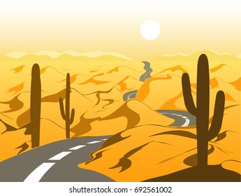 Beautiful desert landscape with asphalt road and cactus. Cartoon vector illustration. Yellow and brown palette