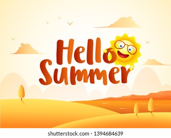Beautiful desert landscape background with cartoon character of sun for Hello Summer celebration concept. Can be used as greeting card design.
